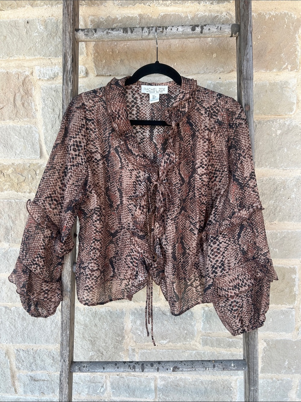 Rachel Zoe Brown Snake-Print Ruffle Tie Blouse